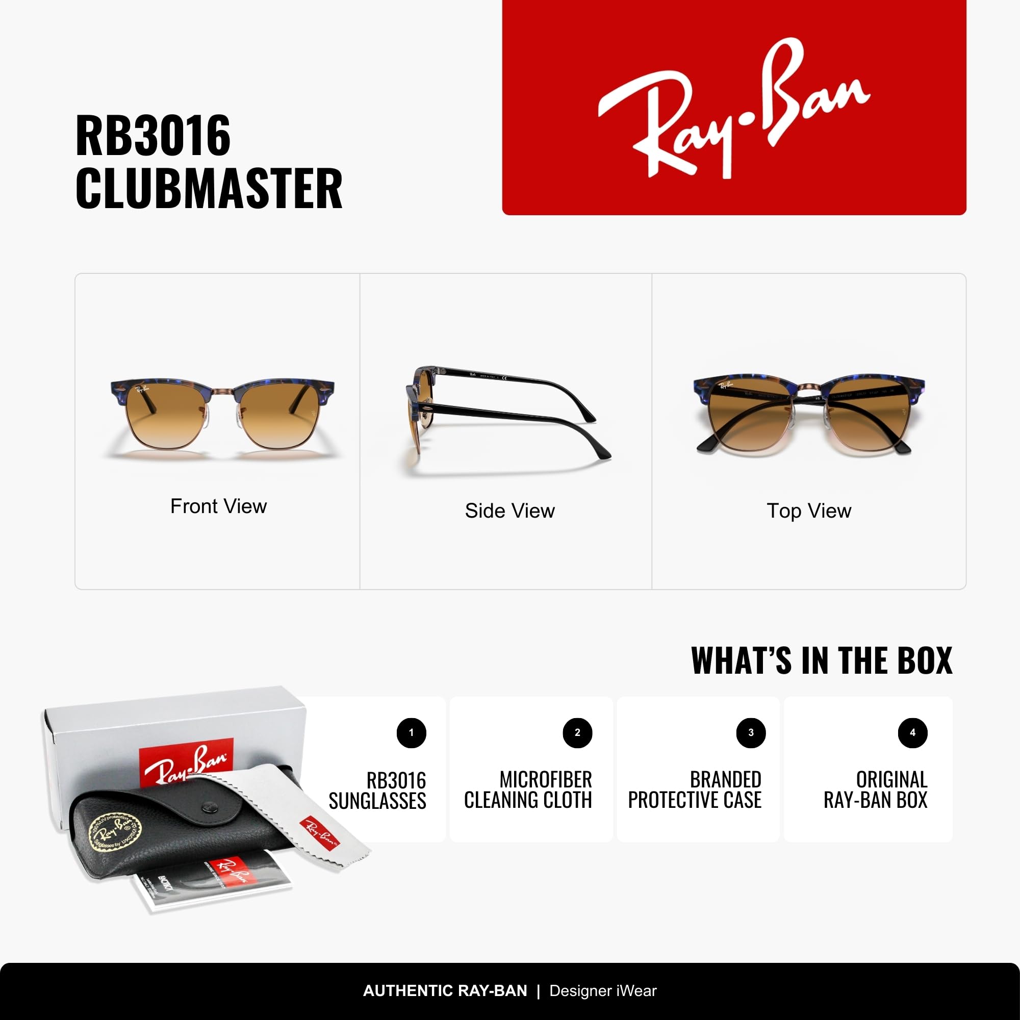 Ray-Ban RB3016 Clubmaster Classic Square Sunglasses for Men for Women