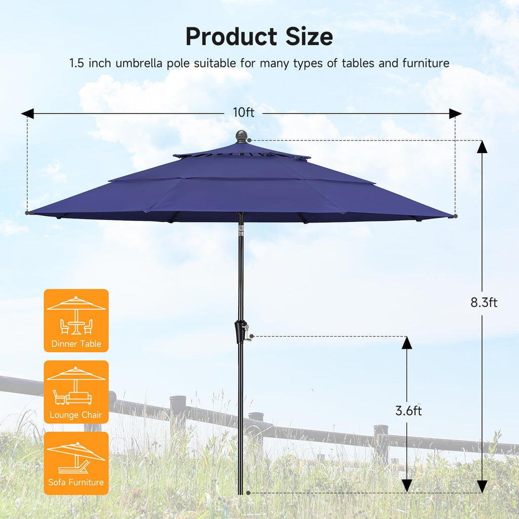 ONBRILL 10 FT Patio Umbrella, 3 Tier Outdoor Table Umbrella with 8 Sturdy Glass Fiber Ribs and Push Button Tilt, Outdoor Patio Umbrellas for Market Pool Garden Backyard, 1.5" Pole, Blue (No Base)