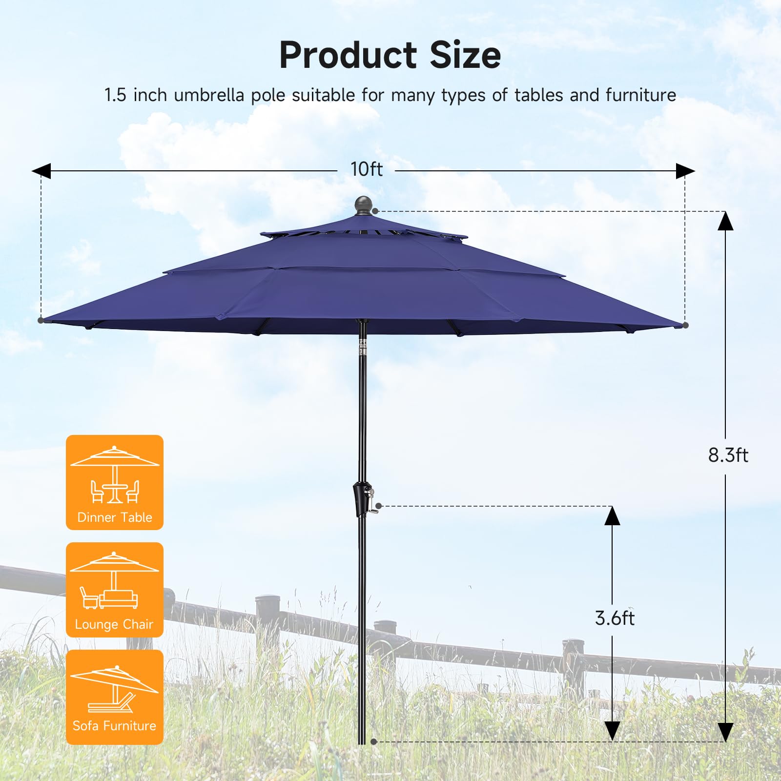 ONBRILL 10 FT Patio Umbrella, 3 Tier Outdoor Table Umbrella with 8 Sturdy Glass Fiber Ribs and Push Button Tilt, Outdoor Patio Umbrellas for Market Pool Garden Backyard, 1.5" Pole, Blue (No Base)