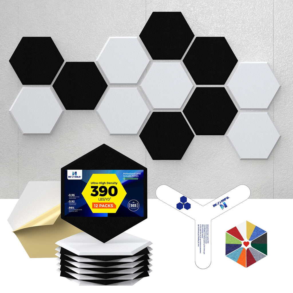 Self-Adhesive Acoustic Panels [390 lbs/yd³ Ultra-High Density], 2nd Generation Sound Absorbing Panel, Professional Level Sound Panel, Polyester Soundproof Foam [Medium Hexagon, Beige]
