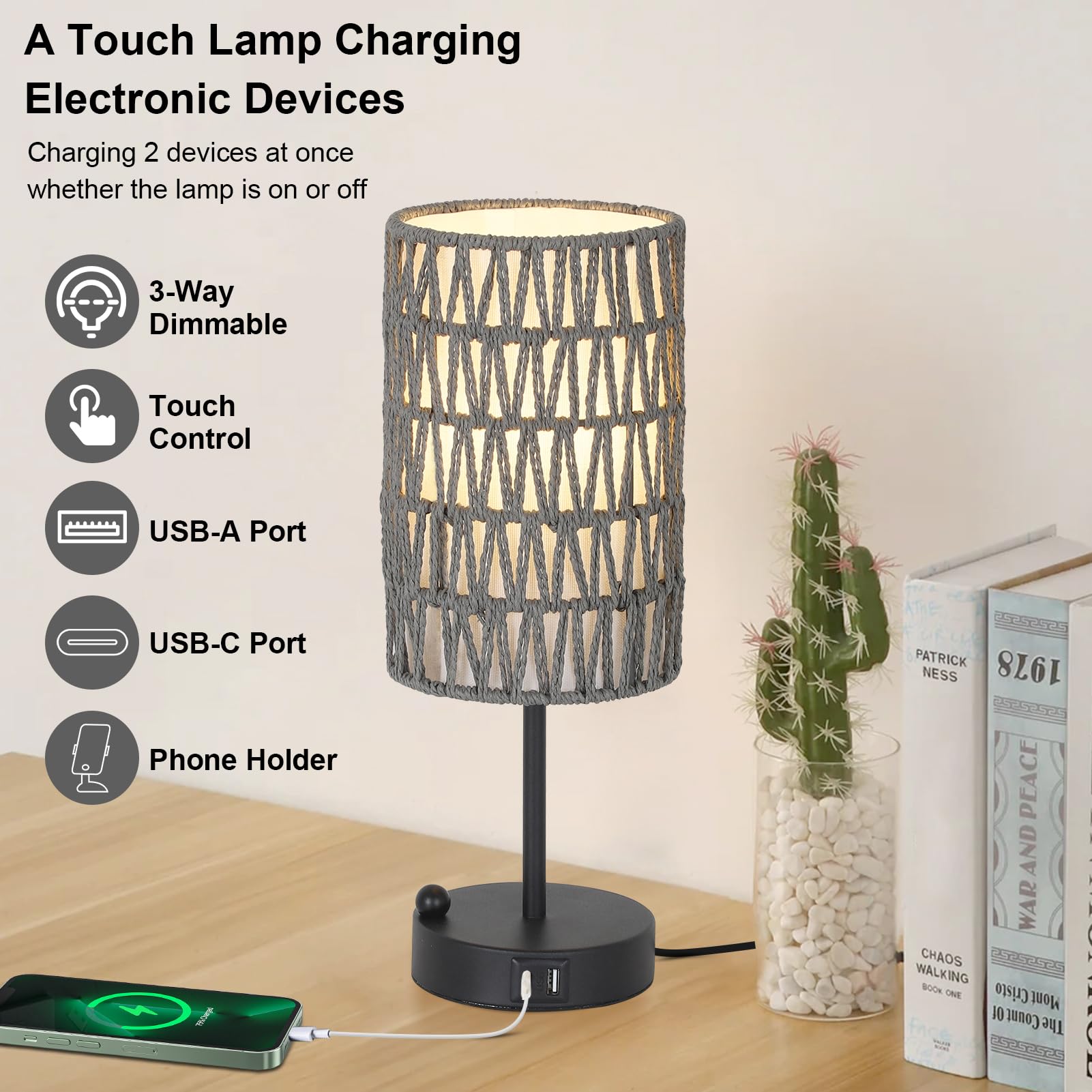 Rattan Bedside Table Lamps Set of 2 - Boho Lamps With 3 Color Temperatures & USB AC Port, Pull Chain Table Lamp For Bedroom, Cute Small Lamp For Nightstand Office Desk Bed Side End Table Living Room