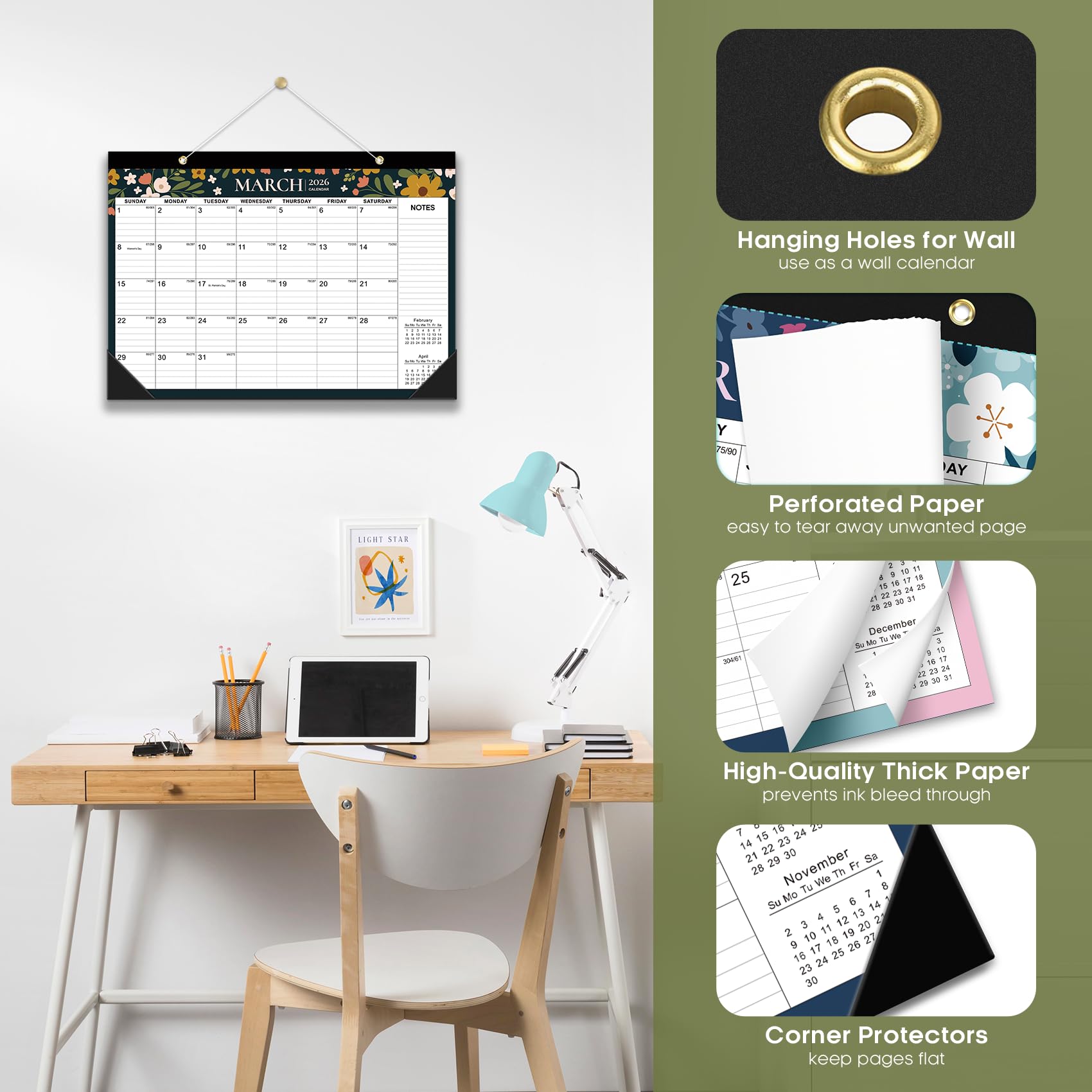 Desk Calendar 2026-2027, 21-Month Calendar Runs Until June 2027, Large 17" x 12" Monthly Desktop & Wall Calendar for Home & Office - Floral