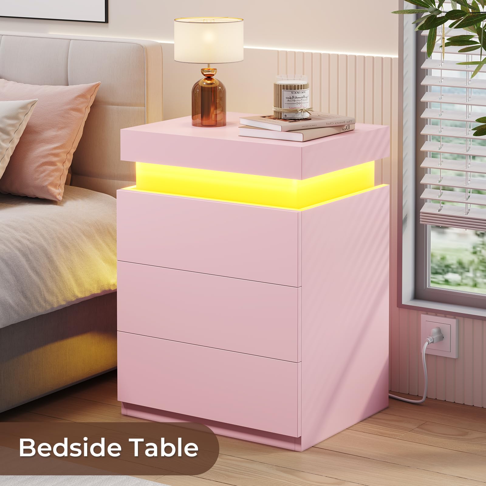 BTHFST LED Nightstands Set of 2,Night Stands for Bedroom Set of 2,Nightstand with Charging Station and Sliding Top,Bedside Table with Power Outlets & Drawers,Modern End Side Table (Black)
