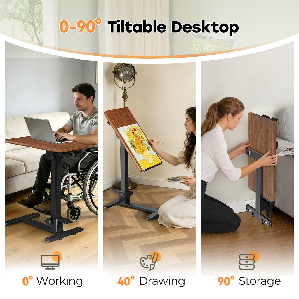 Foldable Mobile Standing Desk, 27 Inch Small Rolling Laptop Cart Height Adjustment, 90° Tiltable Sofaside Table, No Assembly Needed Portable Computer Workstation, Black
