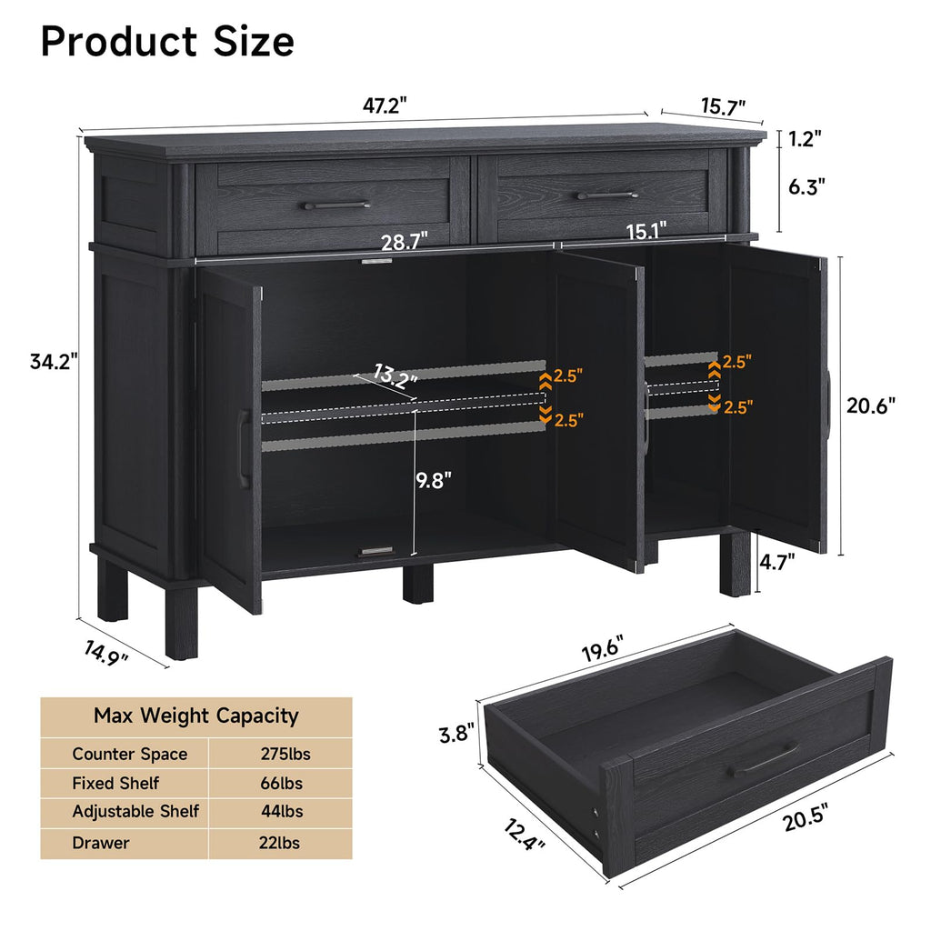 ONBRILL 48 Inches Buffet Cabinet with Storage, Farmhouse Sideboard Buffet w/2 Drawers and 3 Doors, Wood Coffee Bar Cabinet with Adjustable Shelves, Sideboard Storage for Kitchen, Living Room, Black