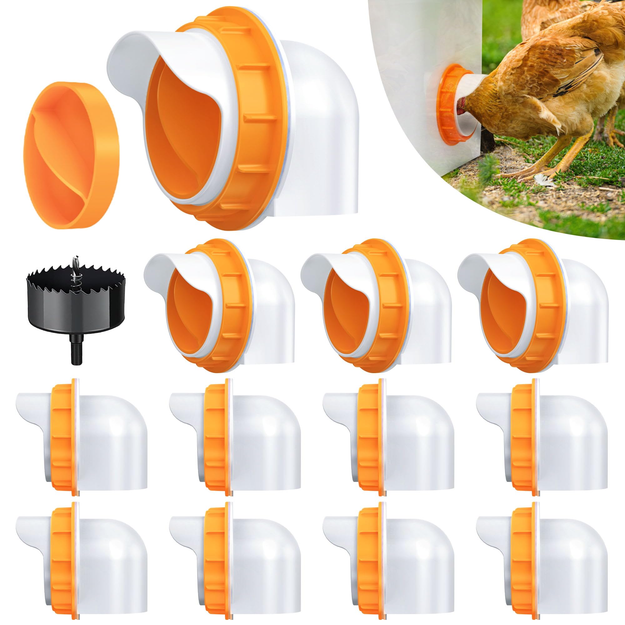 Chicken Feeder Port, 6 Pack Chicken Feeders No Waste with 6 Lids 1 Drill Bit, DIY Automatic Poultry Feeder Cups Kit, Chicken Bucket Feeder for Barrels (White)