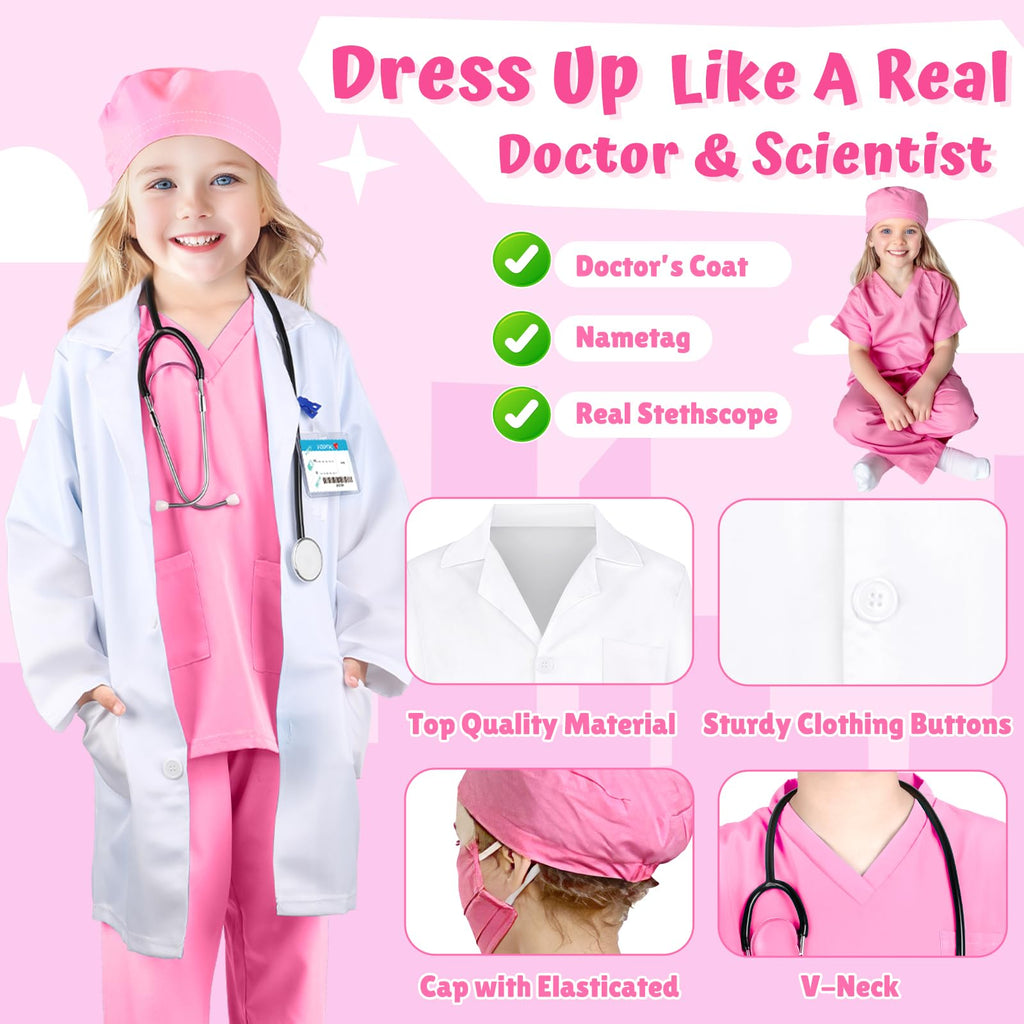 YADIYA Doctor Costume for Kids Scrubs Real Stethoscope Lab Coat Halloween Costumes Career Day Costume For Kids Girls 3-12