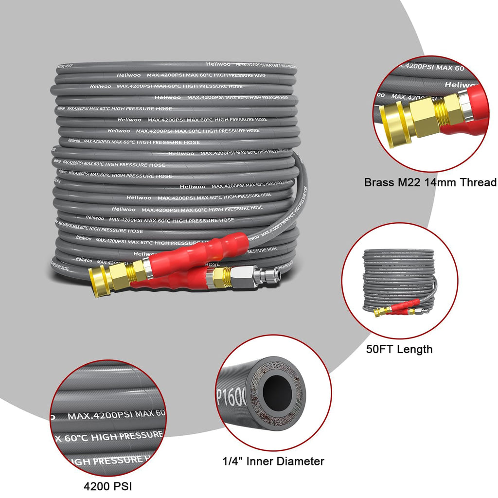 Pressure Washer Hose 25FT, 4200PSI High Tensile Wire Braid Kink Resistant Power Washer Extension Hose, 1/4'' Flexible Replacement Hose with M22-14mm Brass Swivel Thread and 3/8 Quick Connect