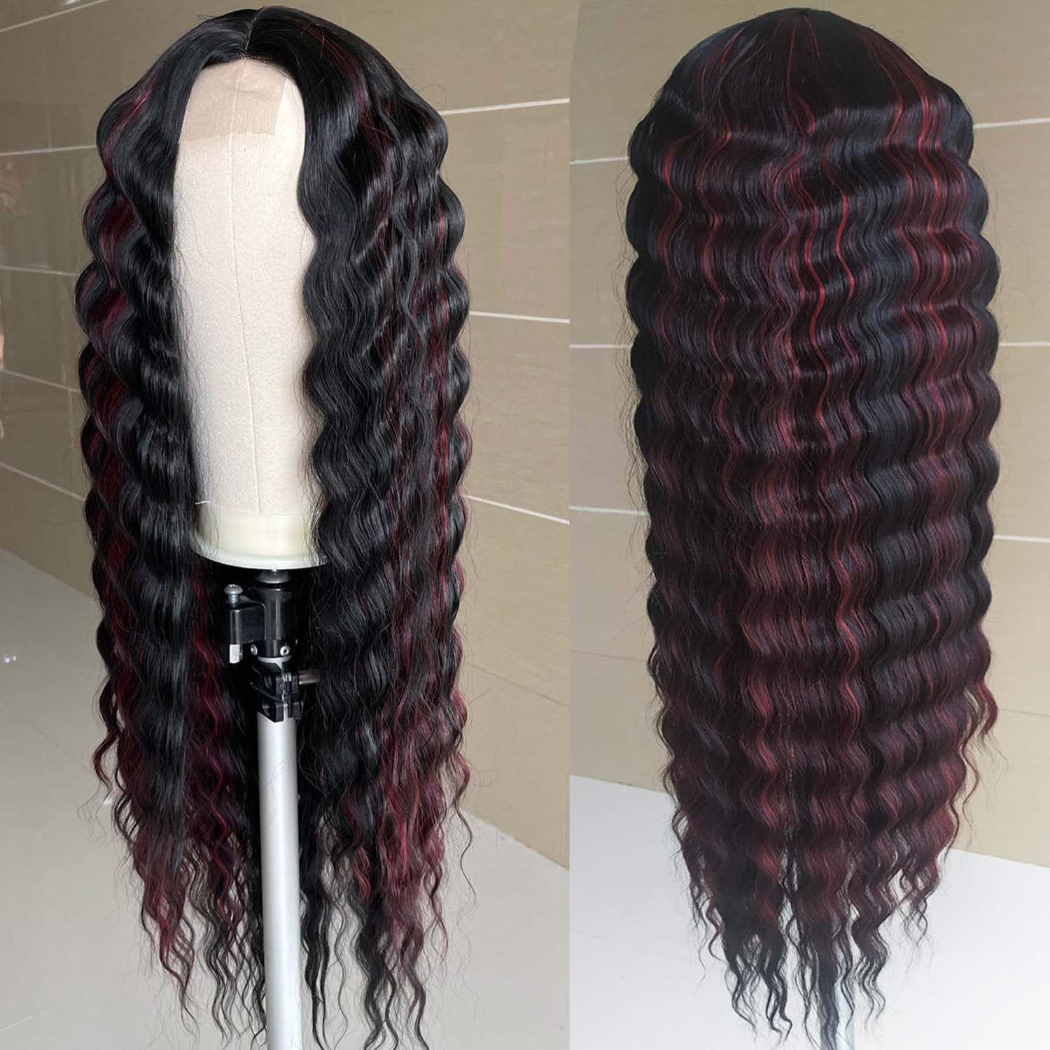 INSTASTYLE 30 Inch Synthetic Curly Wigs for Women Long Black Hair Wig Lace Front 4" Simulated Scalp Natural Loose Deep Wave Crimps Curls Wig As Hair Replacement Wigs 1B