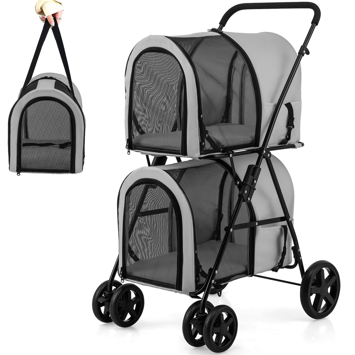 Giantex Double Pet Stroller with 2 Detachable Carrier Bags, Safety Belt, 4 Lockable Wheels, Folding Cat & Dog Stroller for Small Medium Pets, Cats Dogs Puppy Travel Strolling Cart (Beige)