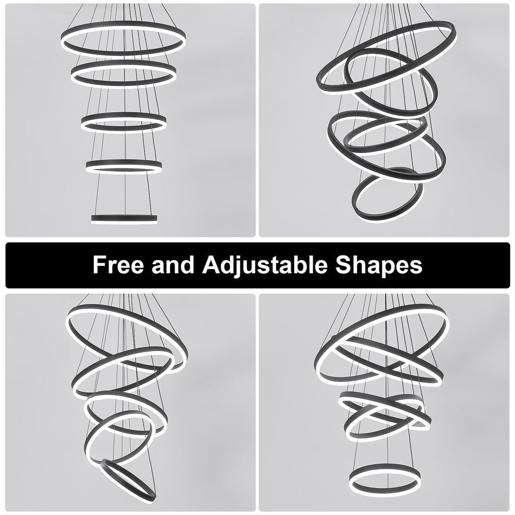 5-Rings Modern LED Chandelier Black Dimmable High Ceiling Chandelier for Dining Room with Remote Control for Foyer Living Room Entryway Staircase(D23.6’’, 3000K-6500K)