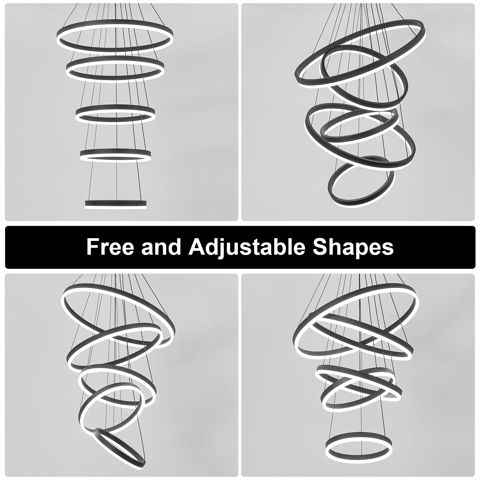 5-Rings Modern LED Chandelier Black Dimmable High Ceiling Chandelier for Dining Room with Remote Control for Foyer Living Room Entryway Staircase(D23.6’’, 3000K-6500K)