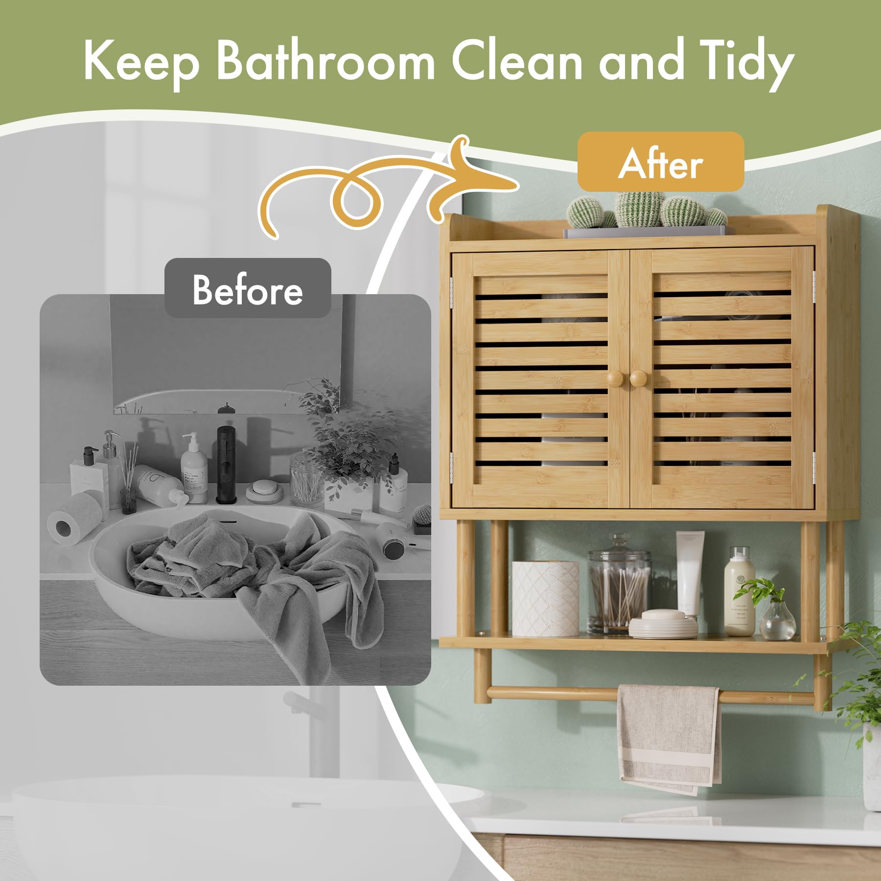 AmazerBath Bathroom Wall Cabinets, Bamboo Medicine Cabinet with Rattan Door, Over The Toilet Storage Cabinet with Towel Bar, Wall Mounted Cabinet with Adjustable Shelves for Small Spaces