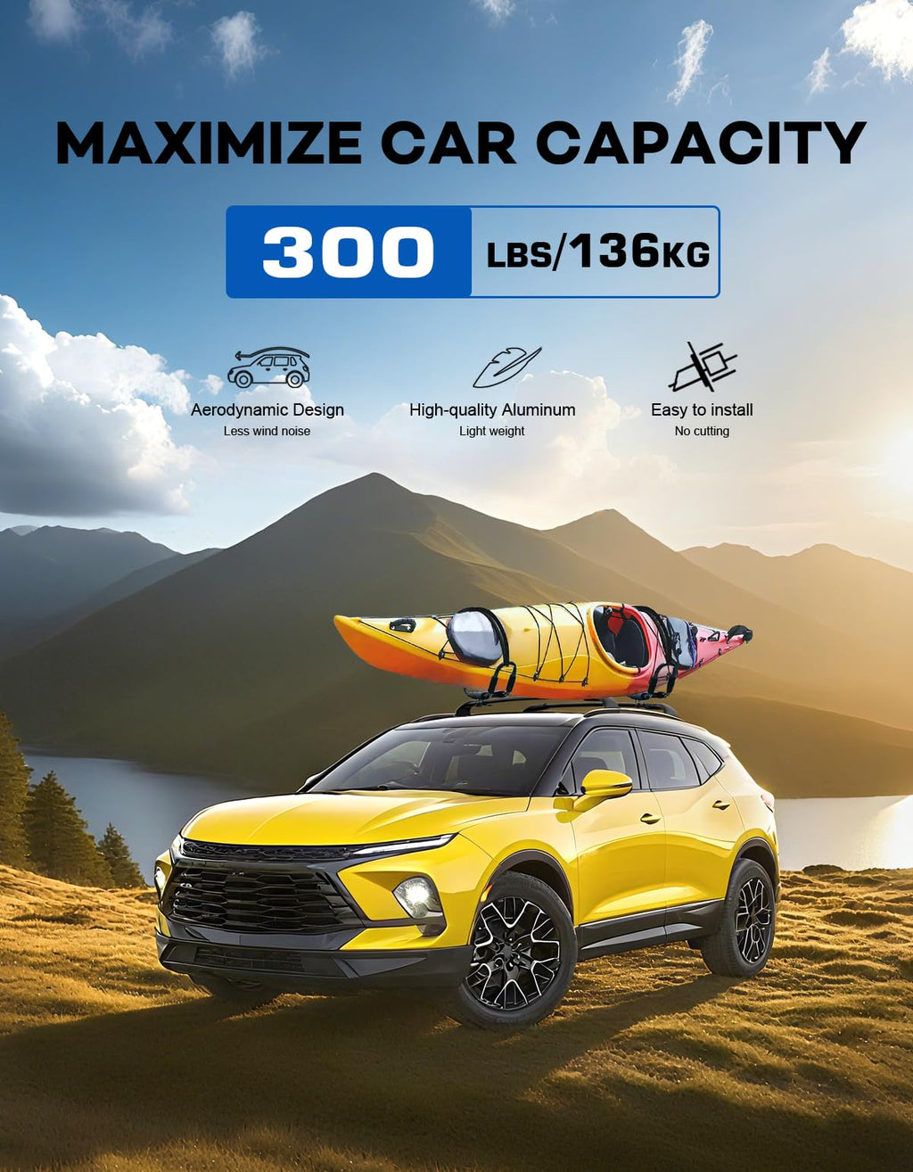Wonderdriver Roof Rack Cross Bars 300lbs Compatible with Cadillac XT4 2019-2025,Heavy Duty All-Metal Aluminum Roof Rails Crossbars Cargo Canoe Black Rooftop Cargo Carrier Luggage.