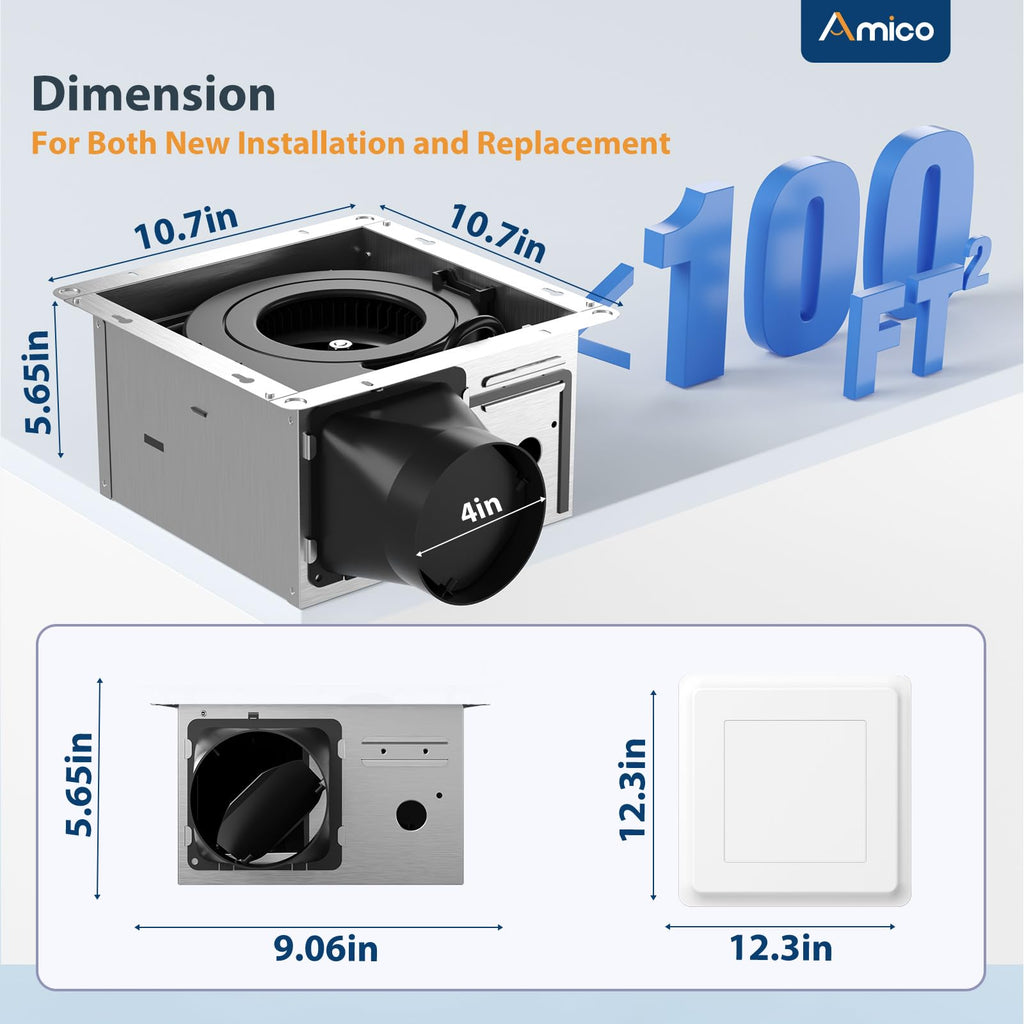 Amico Bathroom Exhaust Fan, 1.0 Sones, 80 CFM, Low Noise, Ceiling Mounted Retrofit Ventilation Fans, 4 Inch Duct, No Attic Access Needed- UL Certified