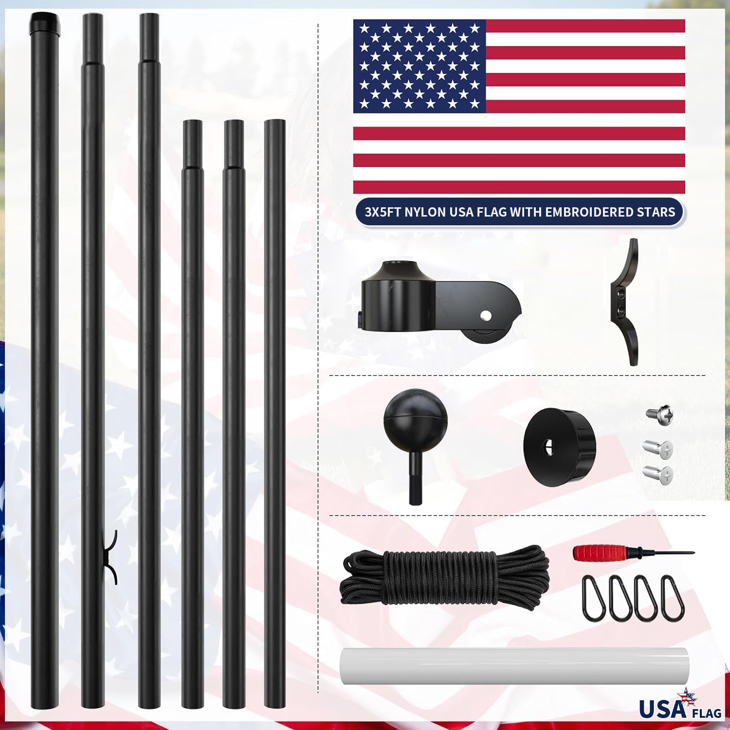 20FT Heavy Duty Flag Pole, 12-Gauge Aluminum, 100MPH Wind Tested | Extra Thick Residential & Commercial Flagpole Kit for Outside House – Includes USA Flag & All Hardware to Fly Two Flags