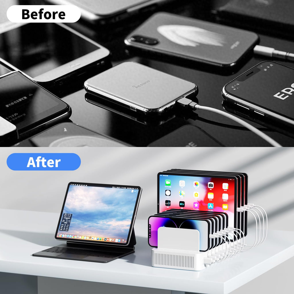 60W Charging Station for Multiple Devices, 10-Port USB Fast Charging Station with Adjustable Dividers - Device Organizer Charging Dock for iPhone, Android, iPad, Tablets & More
