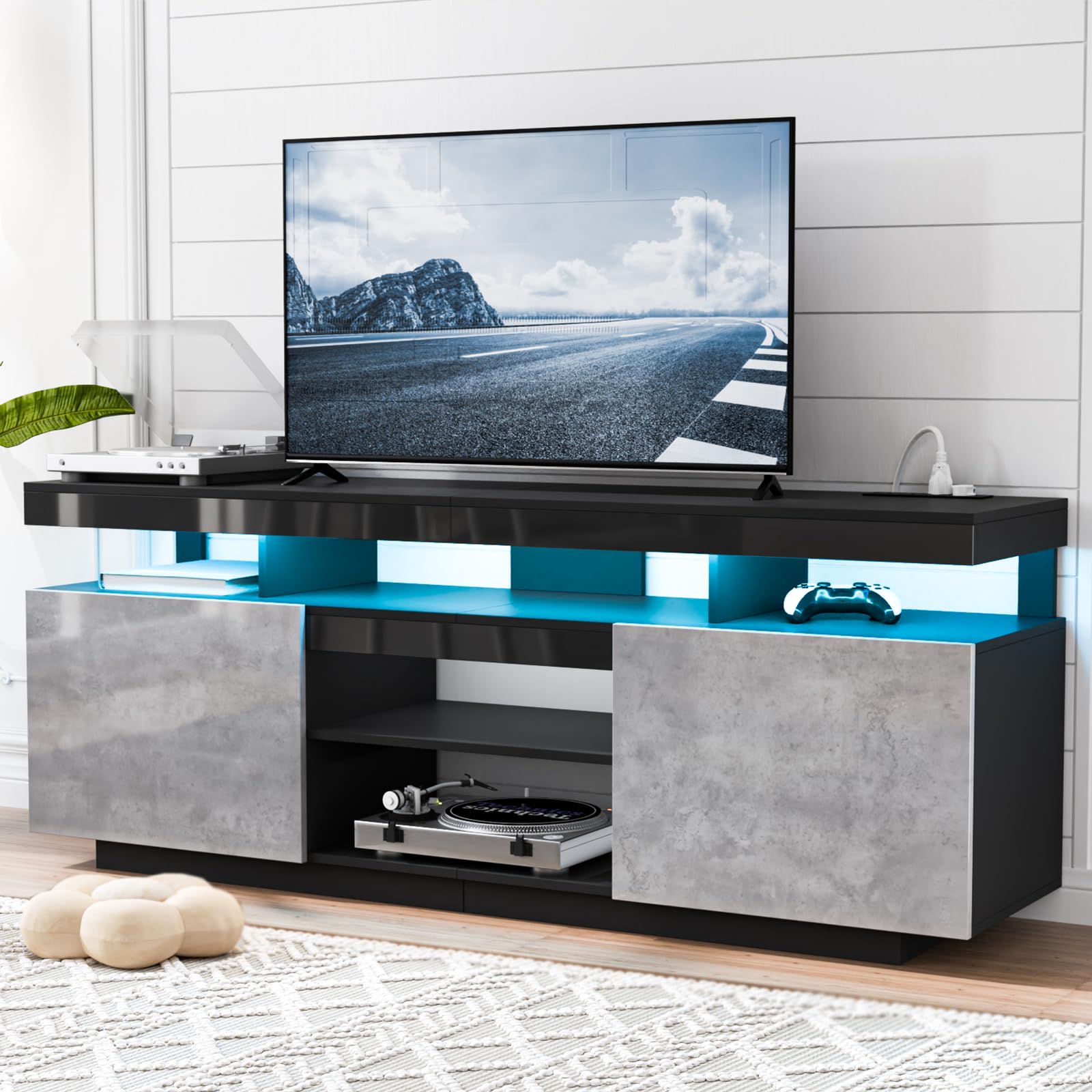 HOMMPA Modern LED TV Stand for 55 Inch TV, Black Tall TV Console with Power Outlet, Entertainment Center with Storage, High Gloss Gaming Media Console Cabinet for Living Room (47 Inch)
