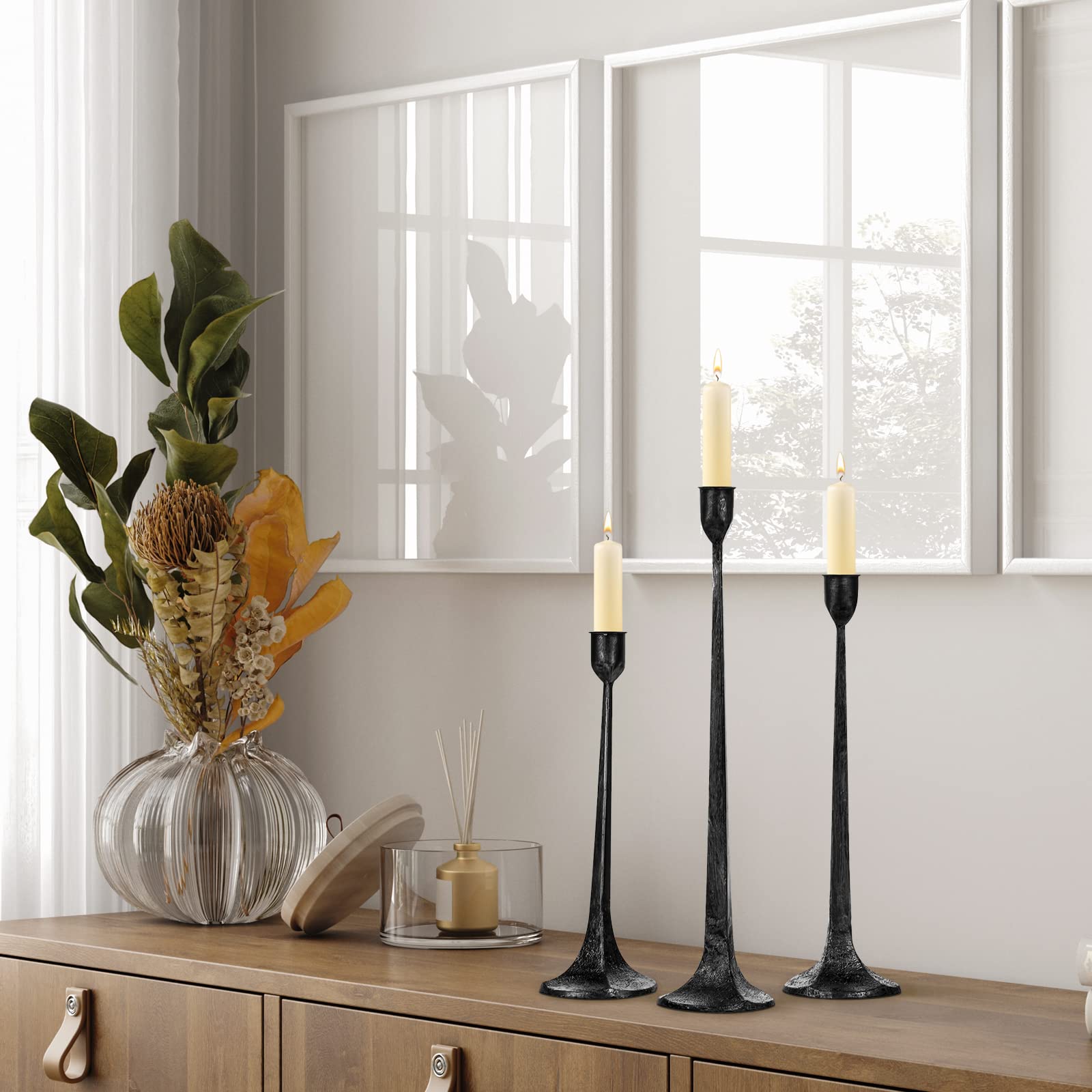 Iron Taper Candle Holder Set of 3 - Decorative Tall Candle Stand, Candlestick Holder for Wedding, Dining Table, Party Decoration (Antique Brass)