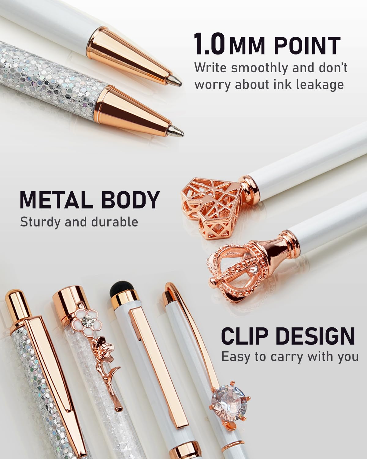 WEMATE 8Pcs Ballpoint Pens Set Metal Crystal Diamond Pen Glitter for Journaling Black Pen Bling in Black & Blue Ink Pretty Cute Pens Fancy Pens Gifts for Women Wedding School Office Desk(Black)