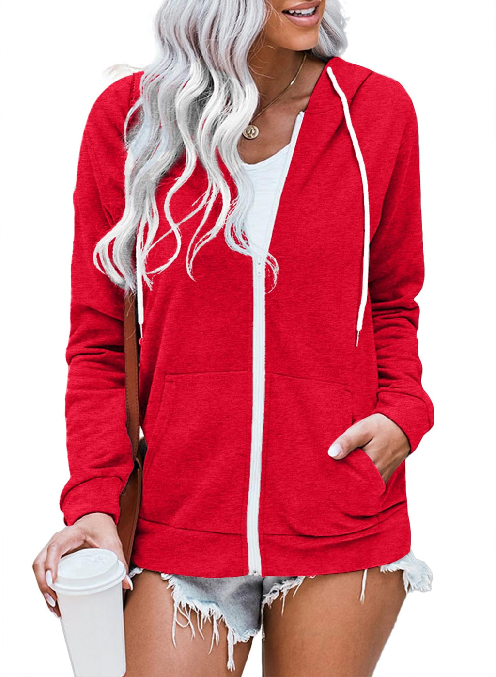 WROLEM Women Casual Full Zip Up Hoodie Comfy Loose Long Sleeve Sweatshirt Solid Color Jacket with Pockets
