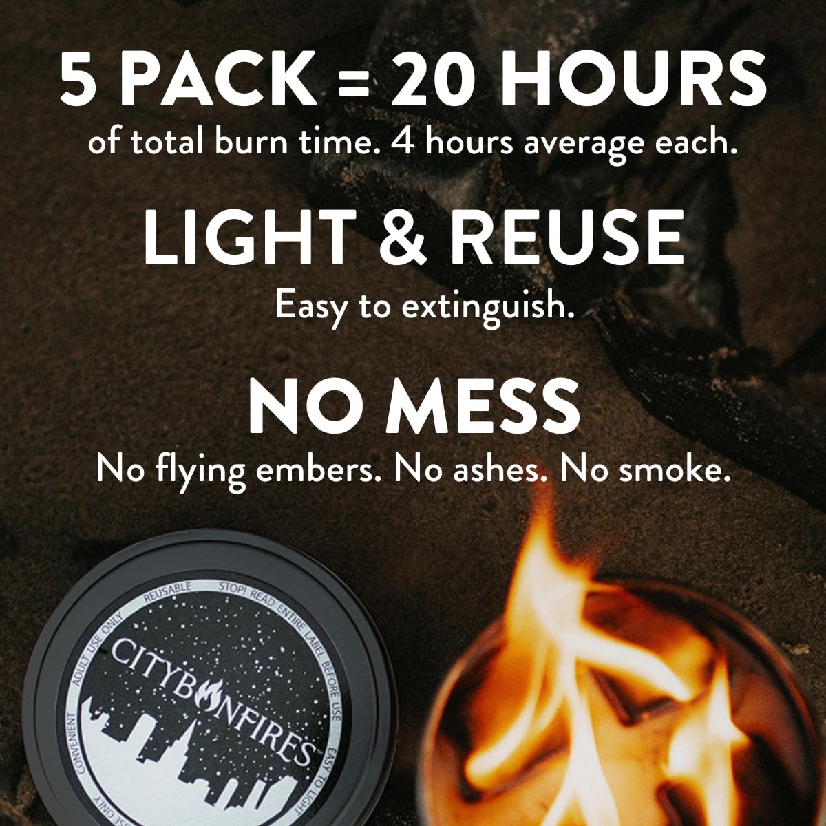 City Bonfires Portable Fire Pit - Mini Fire Pit, Table Top Firepit, No Wood, No Embers, 3-5 Hours of Burn Time - Food Safe for Smores - Lightweight, Emergency Heat, Camping Stove (2-Pack)