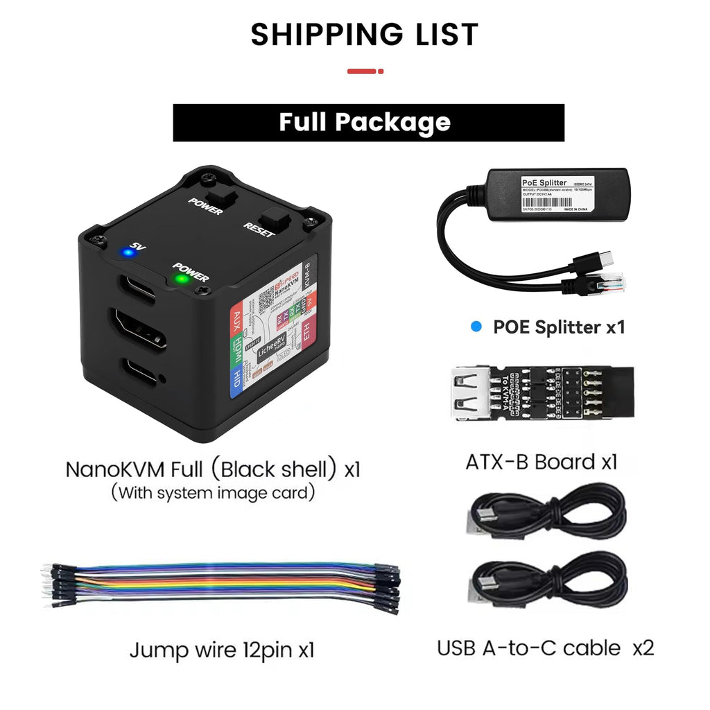 Sipeed NanoKVM IP-KVM Mini Remote Control Operations Maintenance Server, 2Gbit 256MB DDR3 RISC-V Linux Development Board, 1TOPS NPU 1GHz C906 RISC-V CPU, USB HDMI 100M Network Port (Black Full Kit)