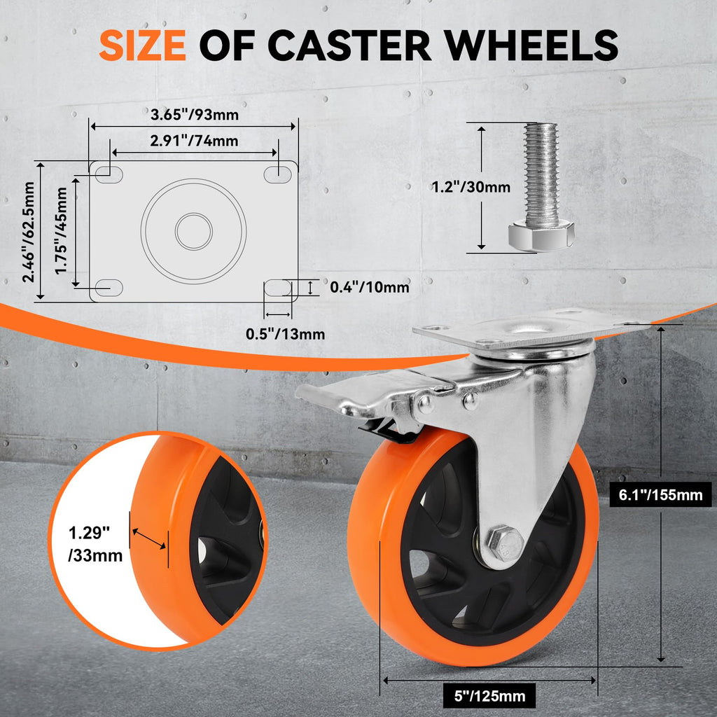 W B D WEIBIDA 2" Plate Caster Wheels Heavy Duty 600 Lbs Load Capacity Swivel Casters with Brake Set of 4, Safety Dual Locking, No Noise Wheels for Furniture, Carts (Screws and Screwdriver)