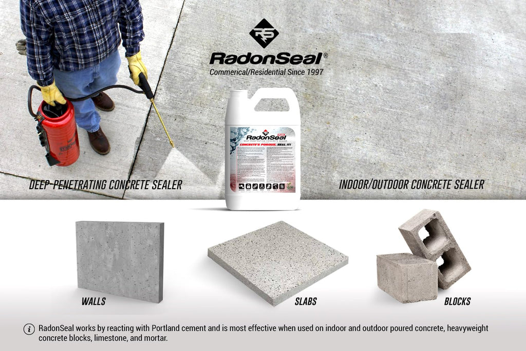 RadonSeal Plus Concrete Sealer – Deep Penetrating Waterproofing for Basement Floors, Foundation Walls & Concrete Block – Reduces Moisture & Strengthens Concrete (5 Gallon)