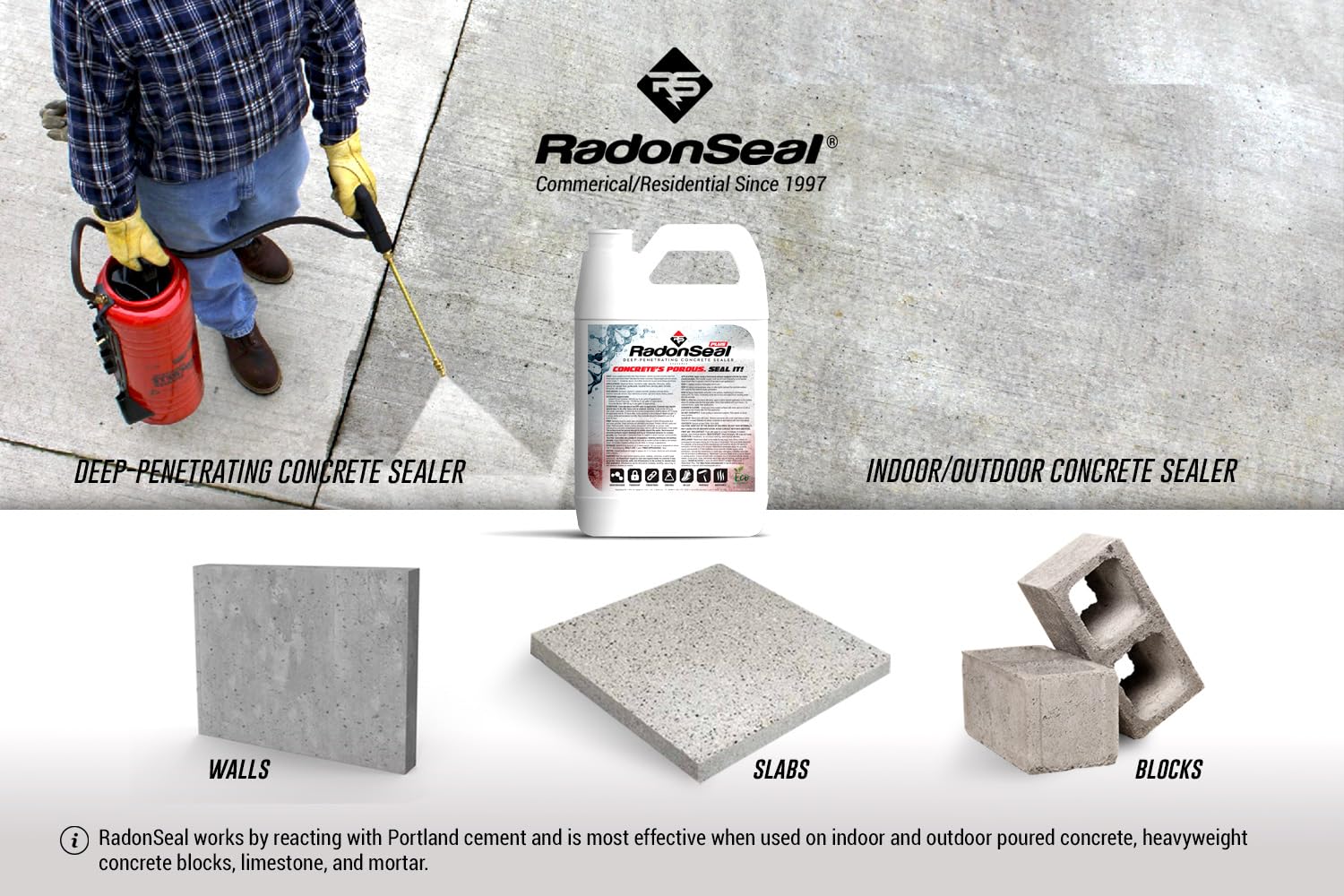 RadonSeal Plus Concrete Sealer – Deep Penetrating Waterproofing for Basement Floors, Foundation Walls & Concrete Block – Reduces Moisture & Strengthens Concrete (5 Gallon)