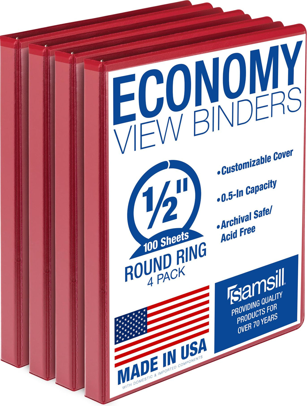 Samsill 1 Inch 3 Ring Binders, Economy Round Ring, Clear View Cover, 200 Sheet Capacity - for School, Home, Office - Blue, 4 Pack
