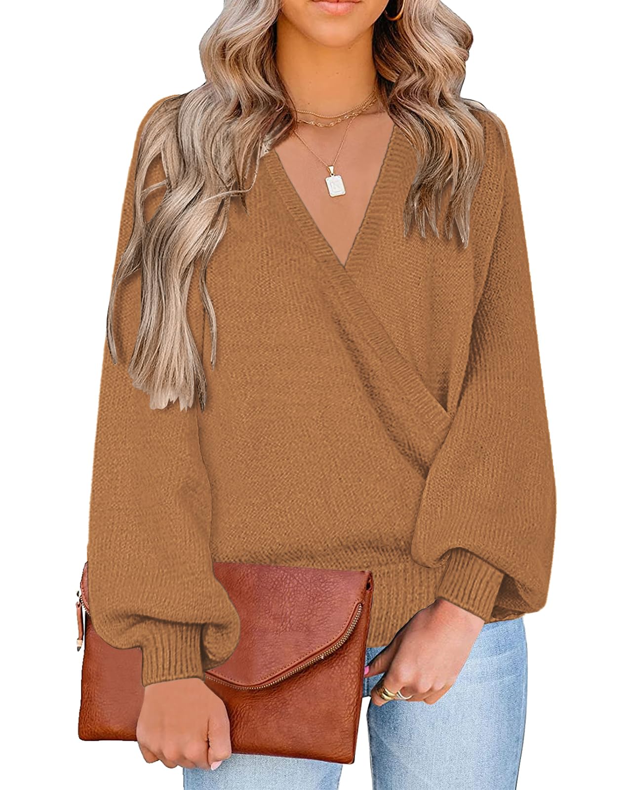 LookbookStore Women's Knit Long Sleeve Faux Wrap Surplice V Neck Sweater Top