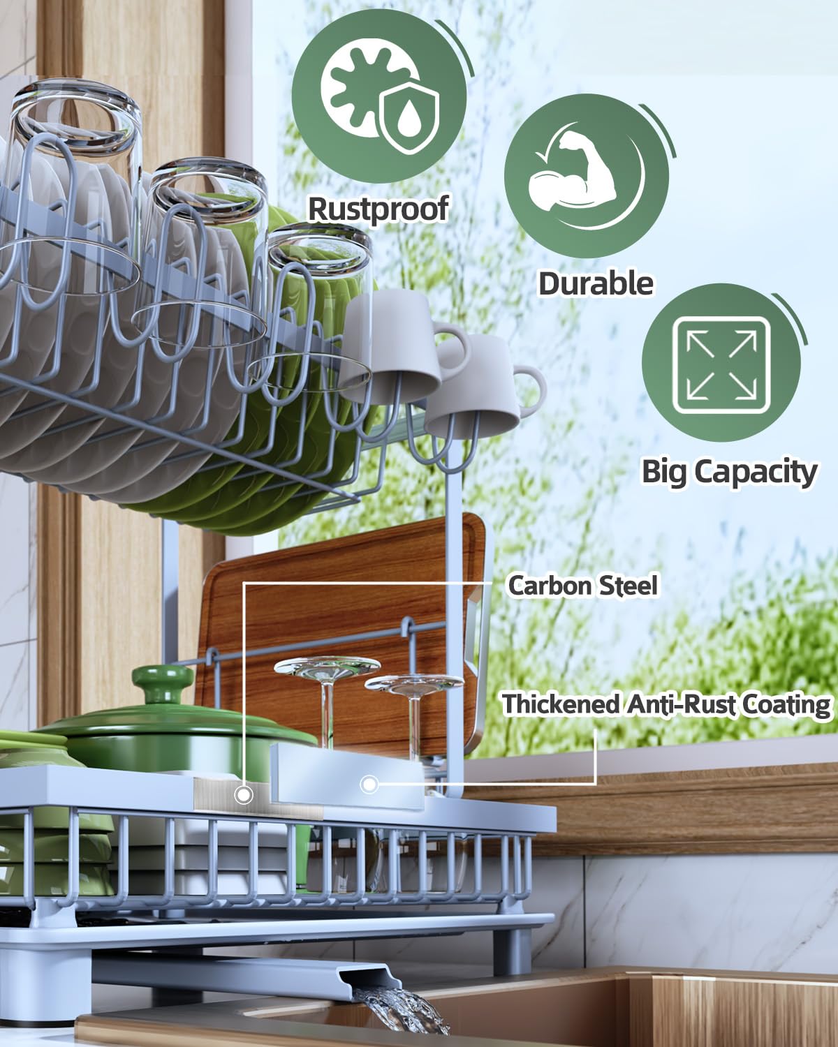 Dish Drying Rack, 2 Tier Space-Saving Dish Rack, Multifunctional Dish Drainer for Kitchen Counter with Drainboard/Utensil/Cup Holder Rustproof Carbon Steel, Black