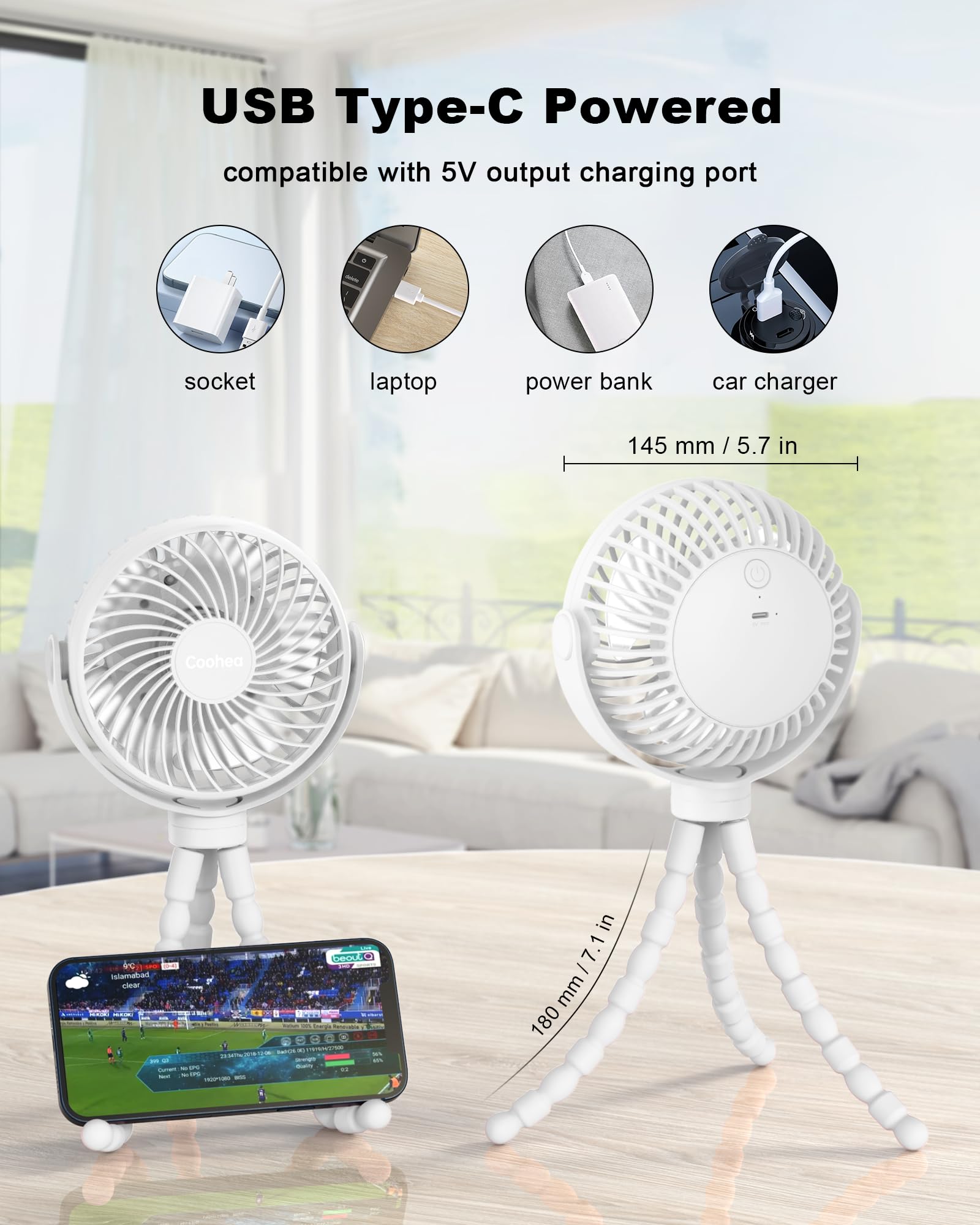 Coohea Stroller Fan Clip on for Baby, 4000mAh Rechargeable Battery Operated, Flexible Tripod, 3 Wind Speed, 360° Rotatable, Small Cooling Portable Fan for Car Seat Crib Golf Cart Bike Treadmill, Black