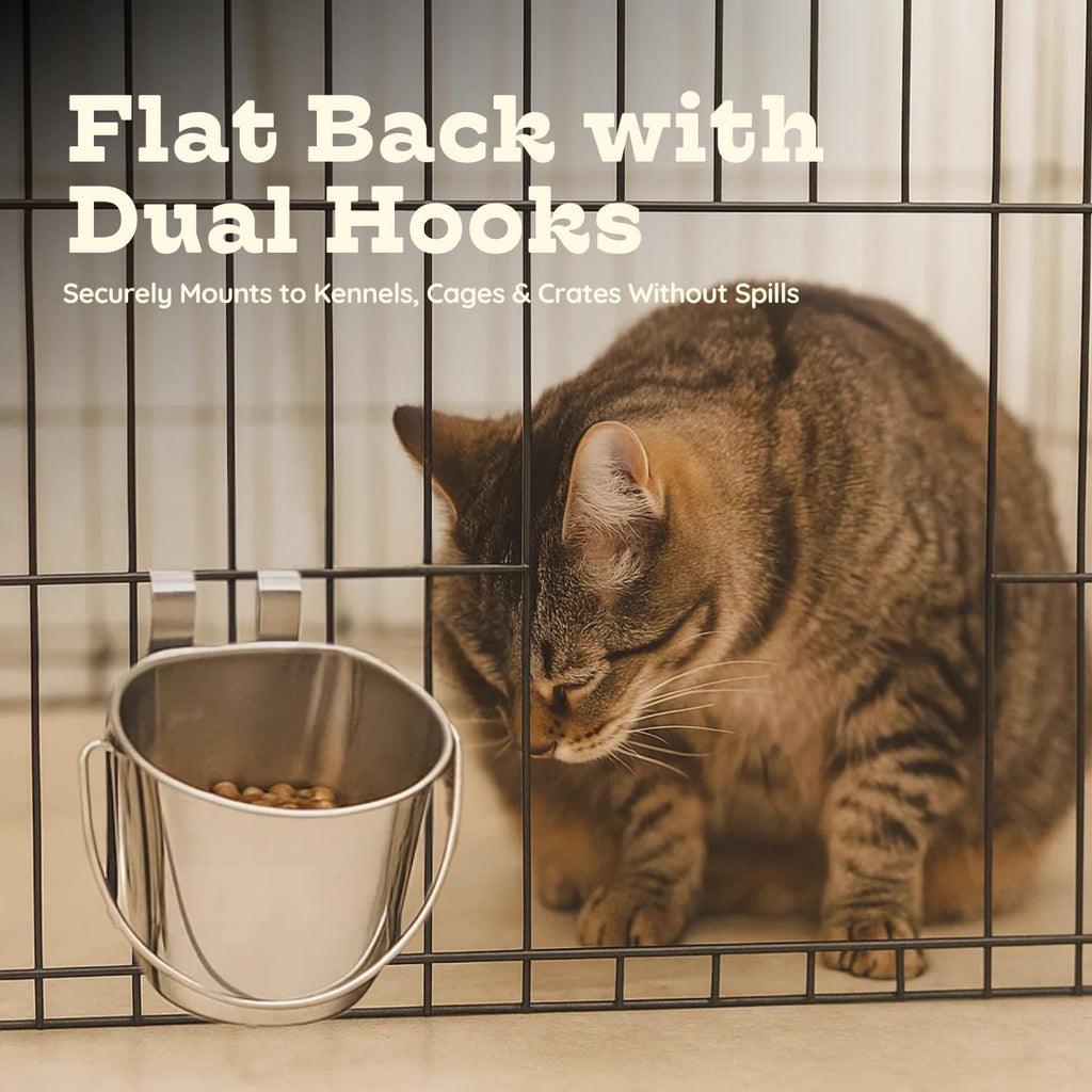 1 quart Stainless Steel Flat Sided Bucket with Dual Hooks | 0.25 gal Durable Food & Water Bowl for Dog Cat Bird & Small Animals | Fits kennel Cage Critter Crate | Hanging Utility Pet Pail
