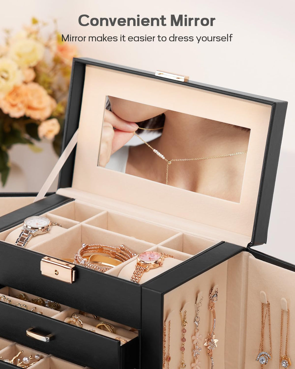 Homde Mothers Day Gifts Synthetic Leather Huge Jewelry Box Mirrored Watch Organizer Necklace Ring Earring Storage Lockable Gift Case (Black + Gold)