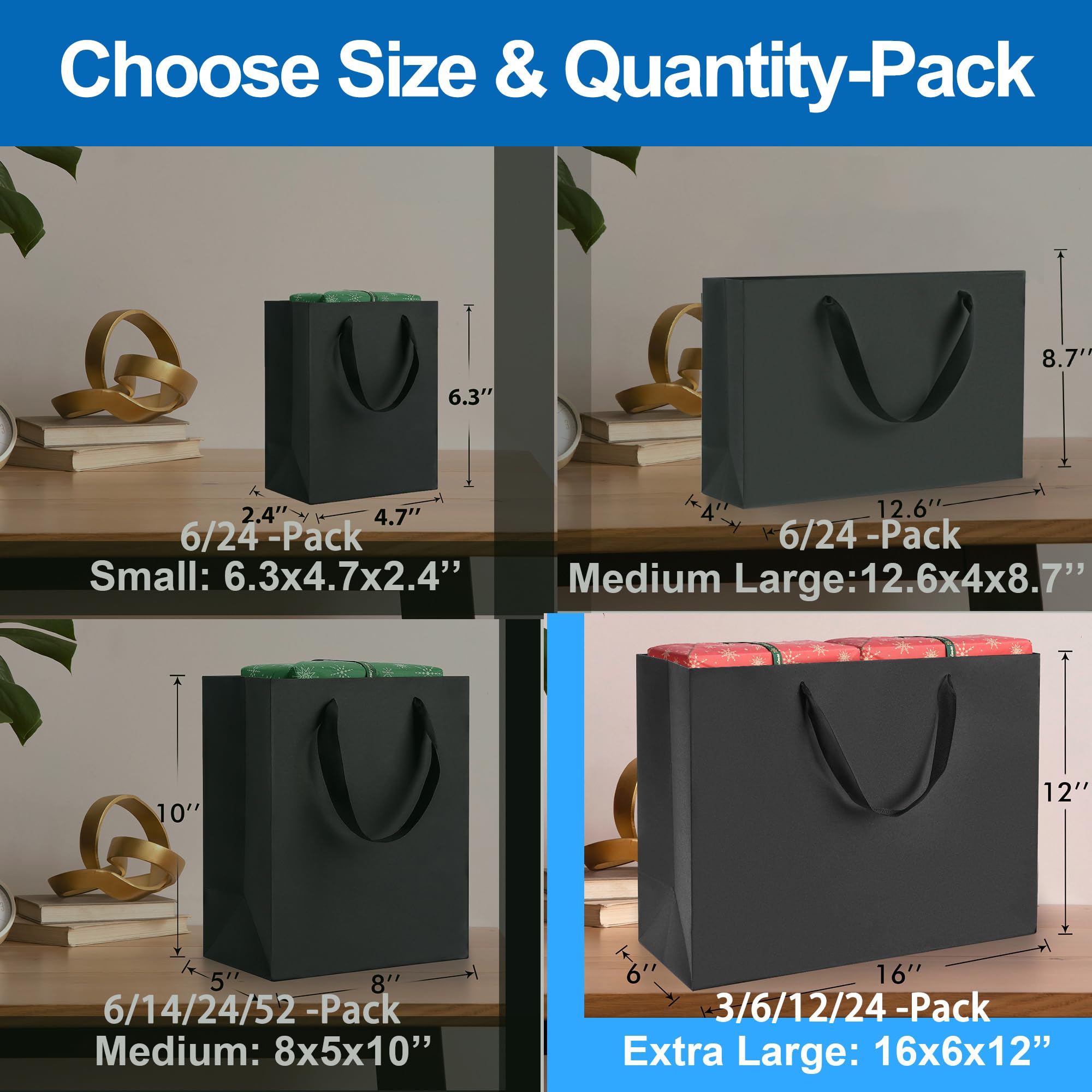 Argivean Black Gift Bags With Handles: 14pcs Medium Gift Bags Bulk 8x5x10 Inch For Wedding Party Birthday Business (M,14)