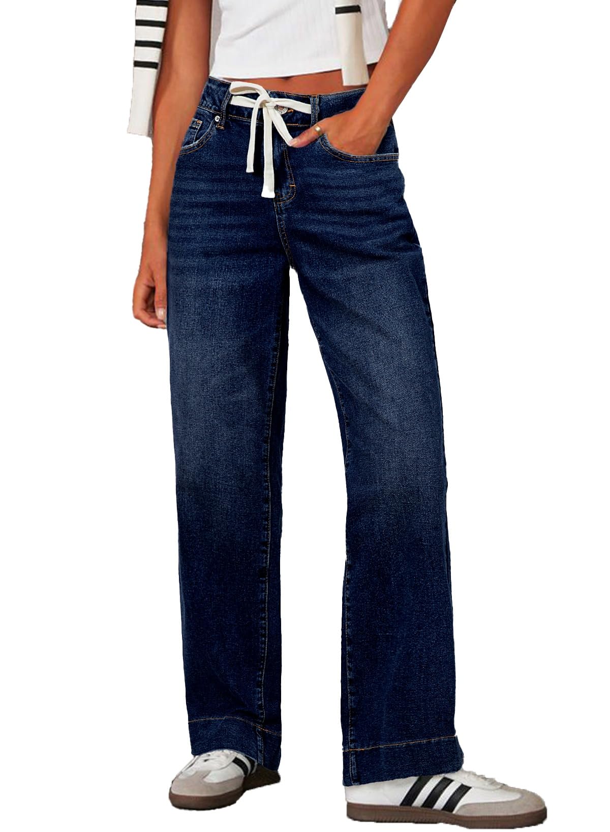Sidefeel Women's Wide Leg Jeans High Waisted Stretchy Straight Leg Baggy Drawstring Zimbaplatinum Denim Pants