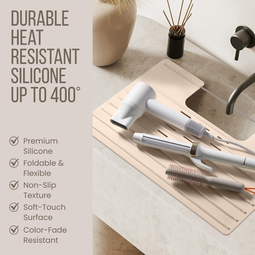 Maplefield Bathroom Sink Cover for Counter Space, Heat Resistant Silicone Sink Mat for Your Beauty Routine, Small Bathroom Space Saver Sink Cover for Makeup (Beige Large, 22" x 15" x 2" Inches)