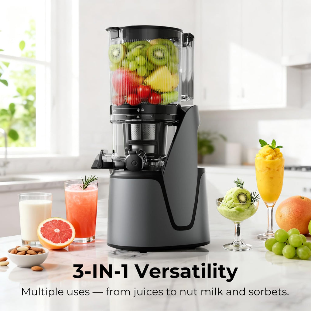 EanOruus Juicer Machines, 3-in-1 Cold Press Juicer with 6.5" Extra Large Chute, 100oz Large Capacity, AC Motor, Makes Juice, Nut Milk & Sorbet, Bright White