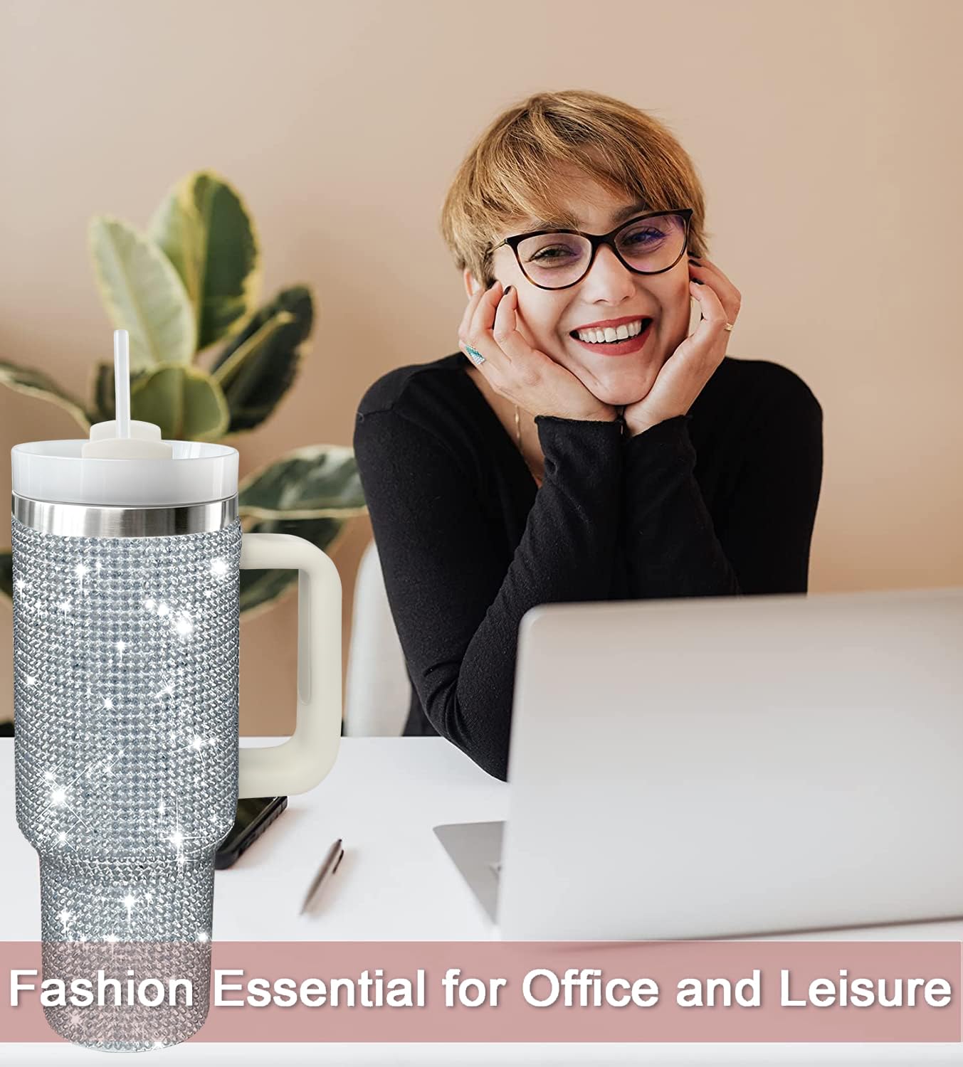 HWISDMIG 40oz Tumbler with Handle-Glitter Rhinestones Tumbler Bling Cups Stainless Steel Water Bottle Diamond Studded Tumbler for Women-Birthday Gifts for Women, Mom, Girlfriend (Amethyst)