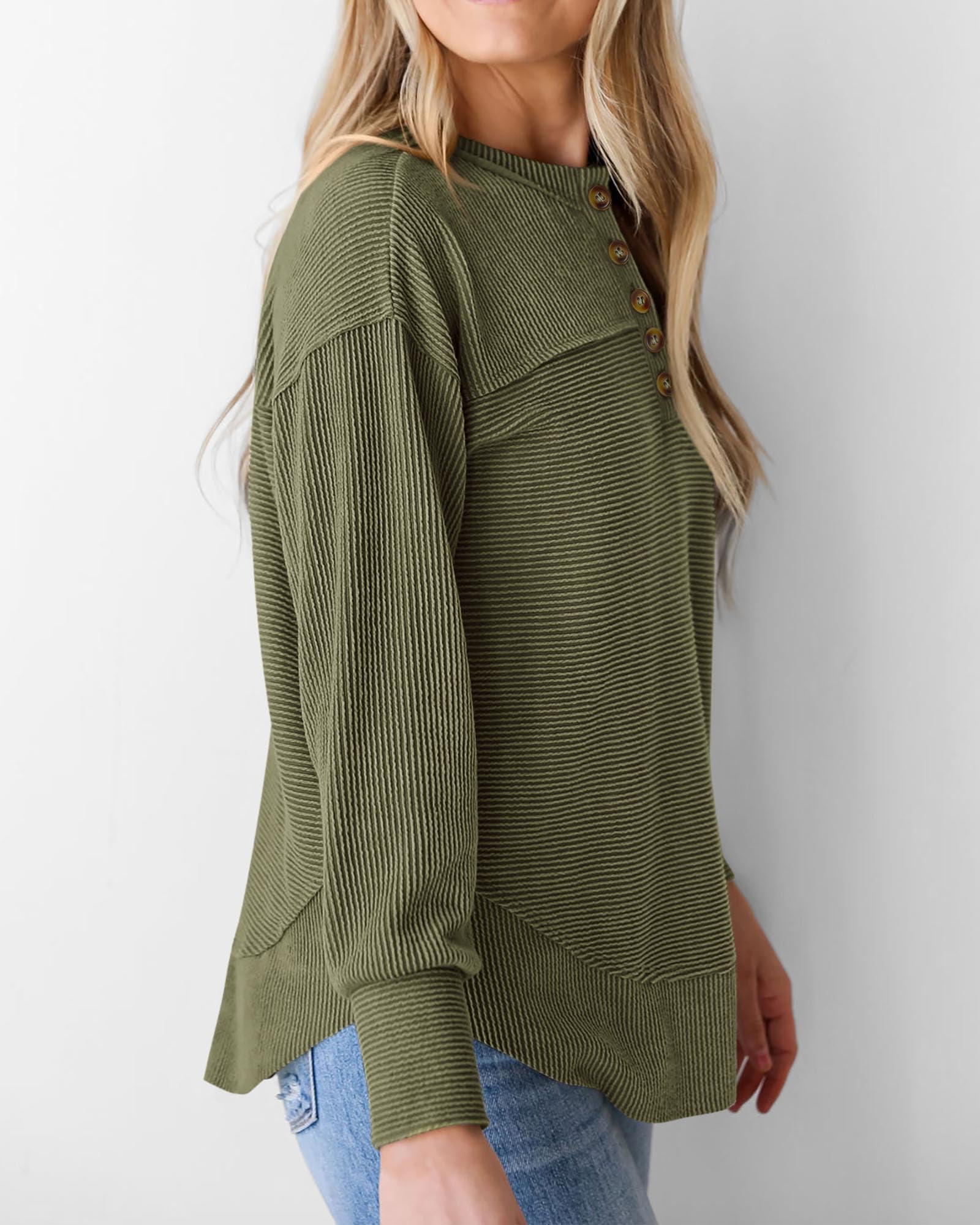KIRUNDO Going Out Tops for Women Henley Shirts 2025 Casual Ribbed Knit Long Sleeve Tunic Summer Fall Button V Neck Blouse