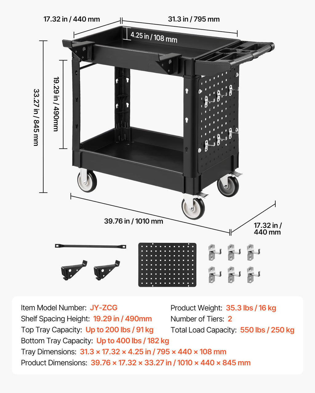 VEVOR Utility Service Cart, 2 Shelf 550LBS Heavy Duty Plastic Rolling Utility Cart, Medium Lipped Shelf, 360° Swivel Wheels, Ergonomic Storage Handle for Warehouse Garage, Black | Heavy Duty Rolling Cart with 360° Swivel Wheels, Medium Lipped Shelf, Ergon