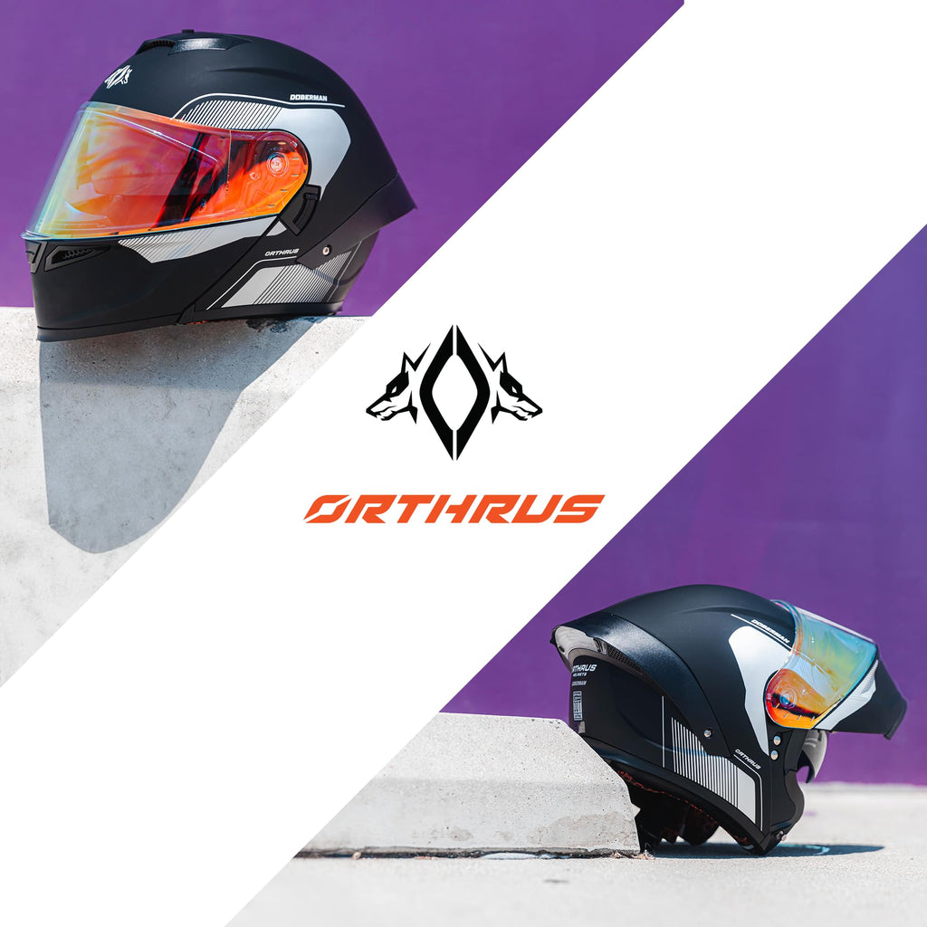Orthrus Modular LED Full Face Motorcycle Helmet - DOT Approved Flip-Up Dual Visor Sun Shield & Bluetooth Ready for Adults Men Women - Street Bike/Motocross (Dobermann Gold, S)
