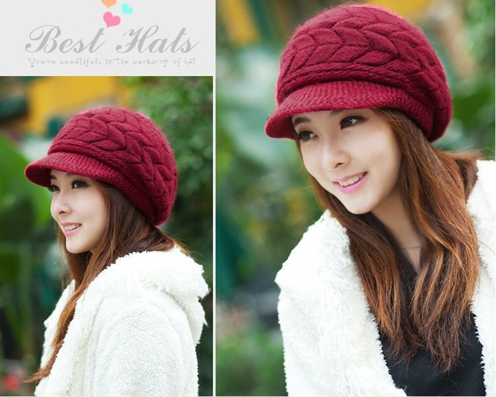 Women Winter Warm Knit Hat Wool Snow Ski Caps with Visor