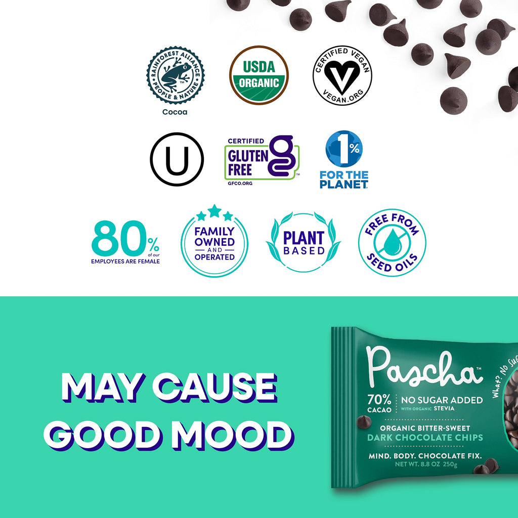 Pascha Organic 70% Cacao Baking Chips - Bittersweet Dark Chocolate with Coconut Sugar - Vegan, Non-GMO, Rainforest Alliance Certified - Allergen-Free (Pack of 8)