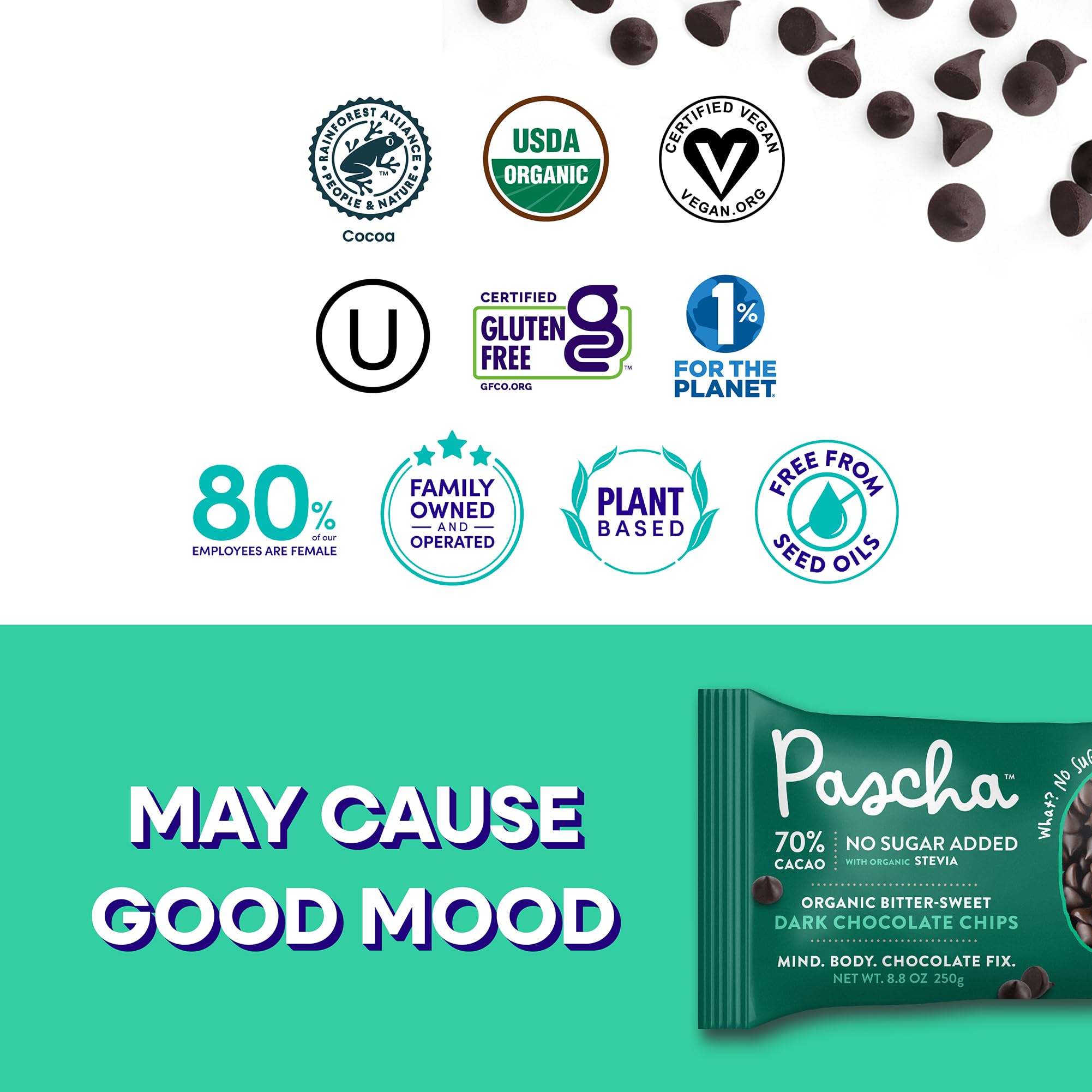 Pascha Organic 70% Cacao Baking Chips - Bittersweet Dark Chocolate with Coconut Sugar - Vegan, Non-GMO, Rainforest Alliance Certified - Allergen-Free (Pack of 8)