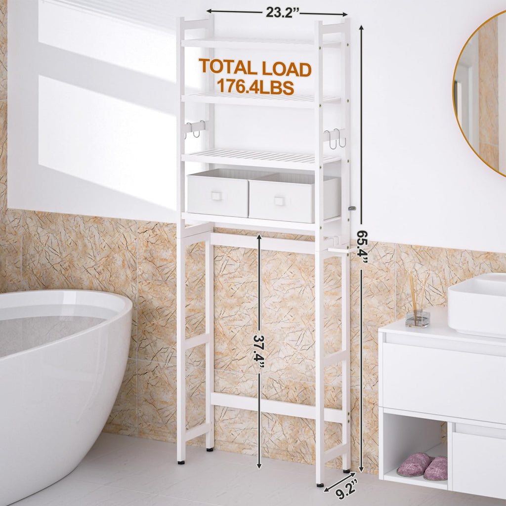 Cozivolife Over The Toilet Storage: 4-Tier Bamboo Organizer Rack with 2 Baskets & Paper Holder & 4 Hooks & Waterproof Feet Pad, Adjustable Freestanding Shelf for Bathroom (Brown)