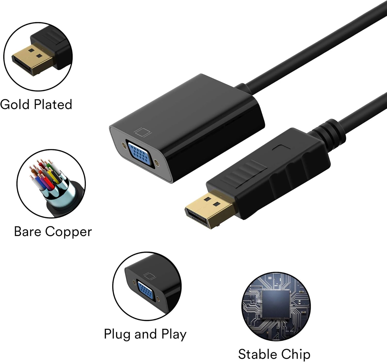 Adapter, DisplayPort (DP) to VGA Male to Female Converter (Black)