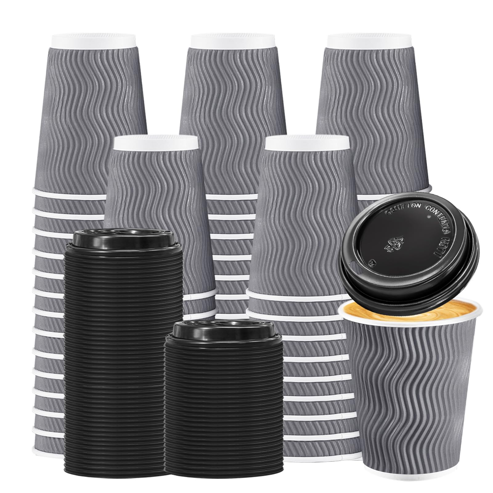 BYSNOW 100 Pack 10 oz Coffee Cups with Lids, Disposable Insulated Hot Cups To Go Paper Coffee Cups, Corrugated Ripple Wall Cup for Hot Drink, Office, Coffee Bar (Grey 10 oz)